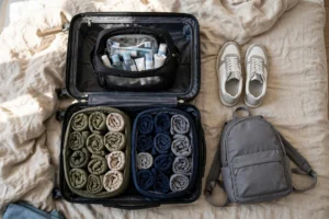 Neatly packed open carry-on suitcase with rolled clothes in packing cubes for a week-long trip