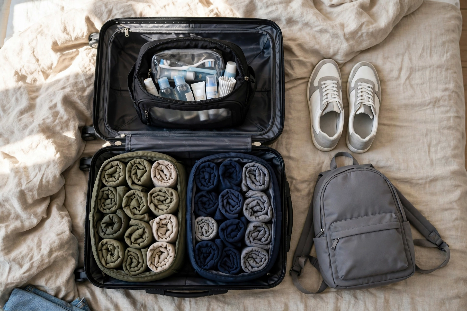 Neatly packed open carry-on suitcase with rolled clothes in packing cubes for a week-long trip